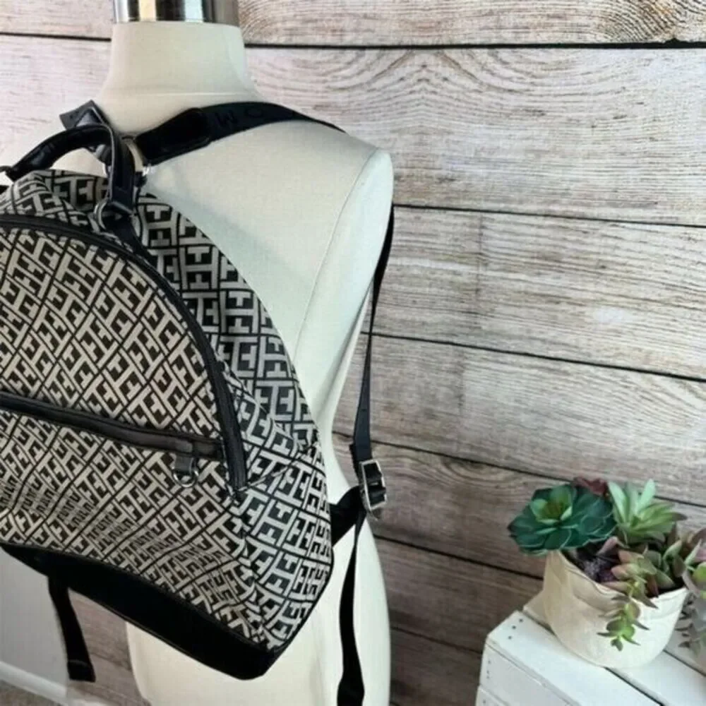 Tommy Hilfiger Unisex Backpack Black‎ Cream Monogram Canvas Adjustable Straps